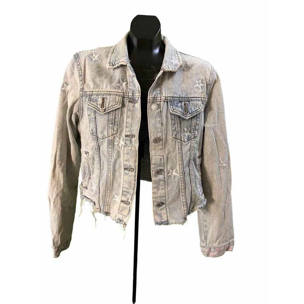 Veveret Star Embroidered Denim Jacket Womens Small Cropped Raw Hem Distressed